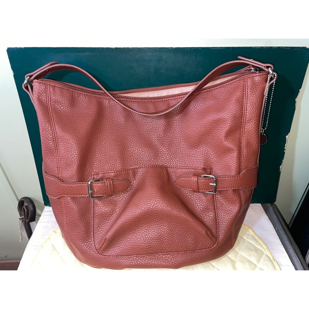 Nine West Cognac Brown Pebbled Vegan Leather Hobo Shoulder Bag Buckle Detail